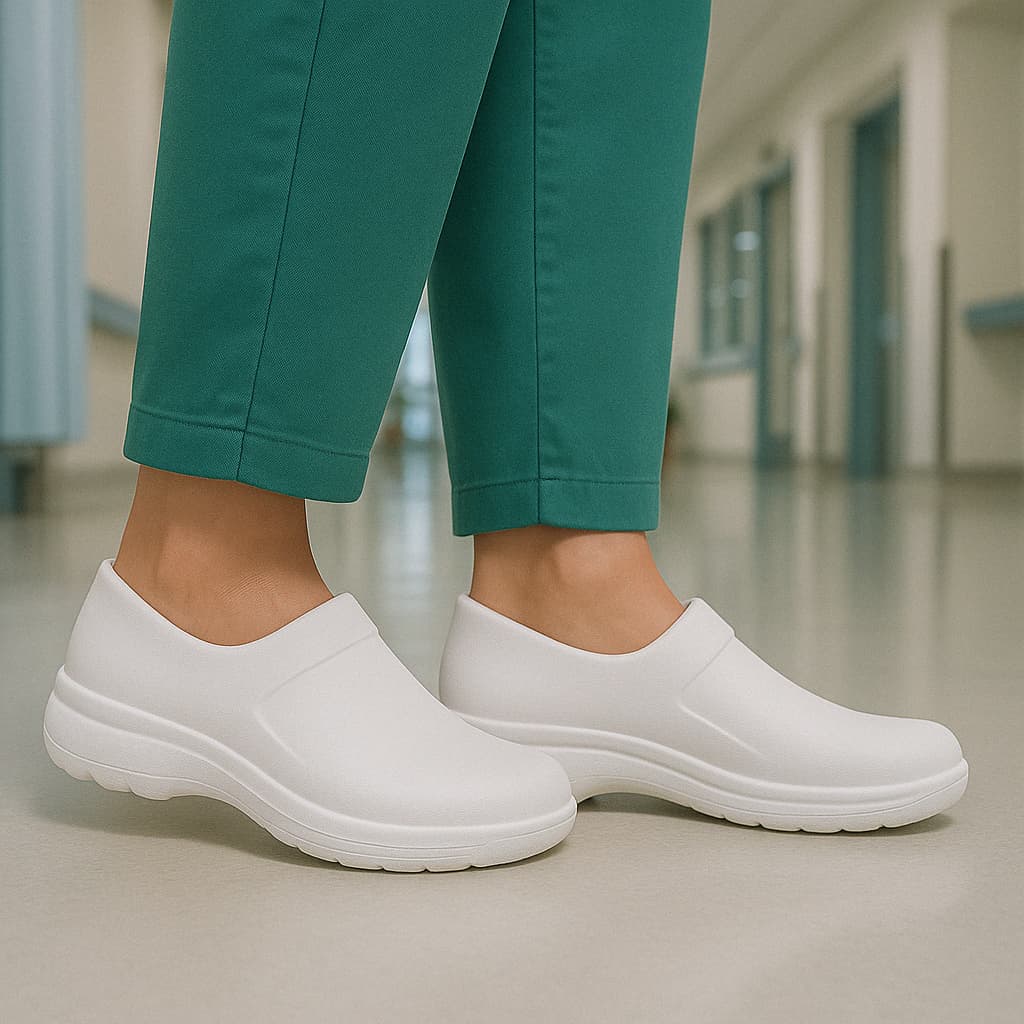 Sapato Ocupacional Branco/Preto Profissional – Leve e Antiderrapante Para Cozinha e Área Hospitalar