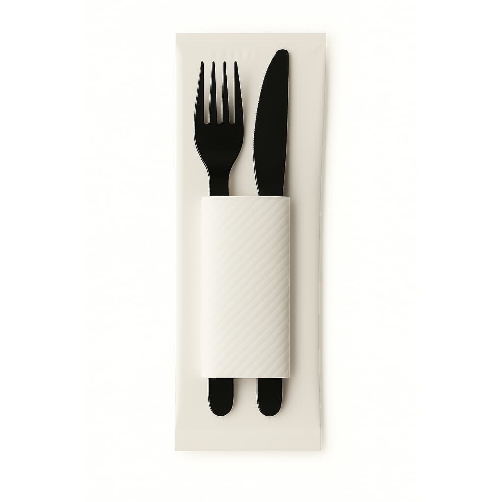 Kit Garfo e Faca Preto com Guardanapo Descartável Delivery Restaurante Festas