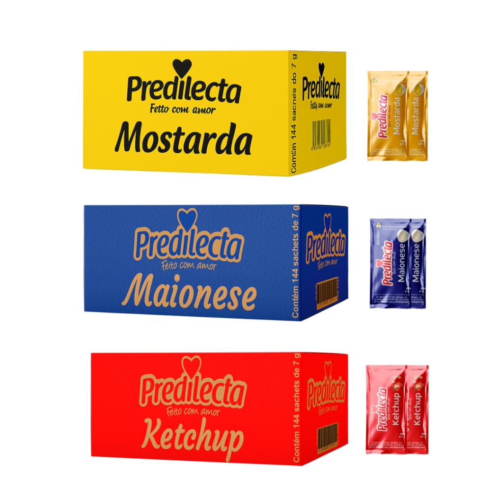 Condimentos Predilecta em Sachê | Ketchup, Maionese ou Mostarda | Caixa com 144 Unidades