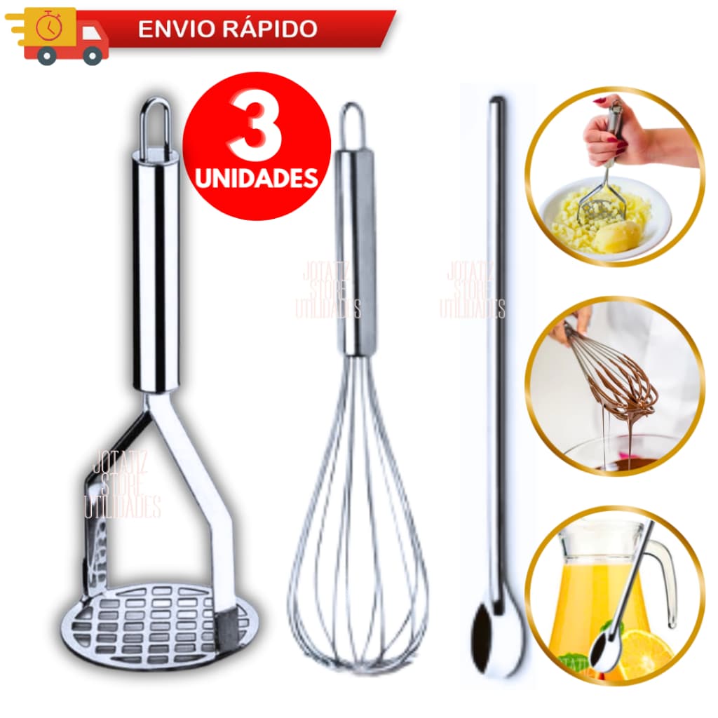 Amassador De Batatas Kit Com 03 ou 01 Batedor De Ovos Fuê, Colher De Suco Bailarina 30 Cm Aço Inox Utensílio De Cozinha