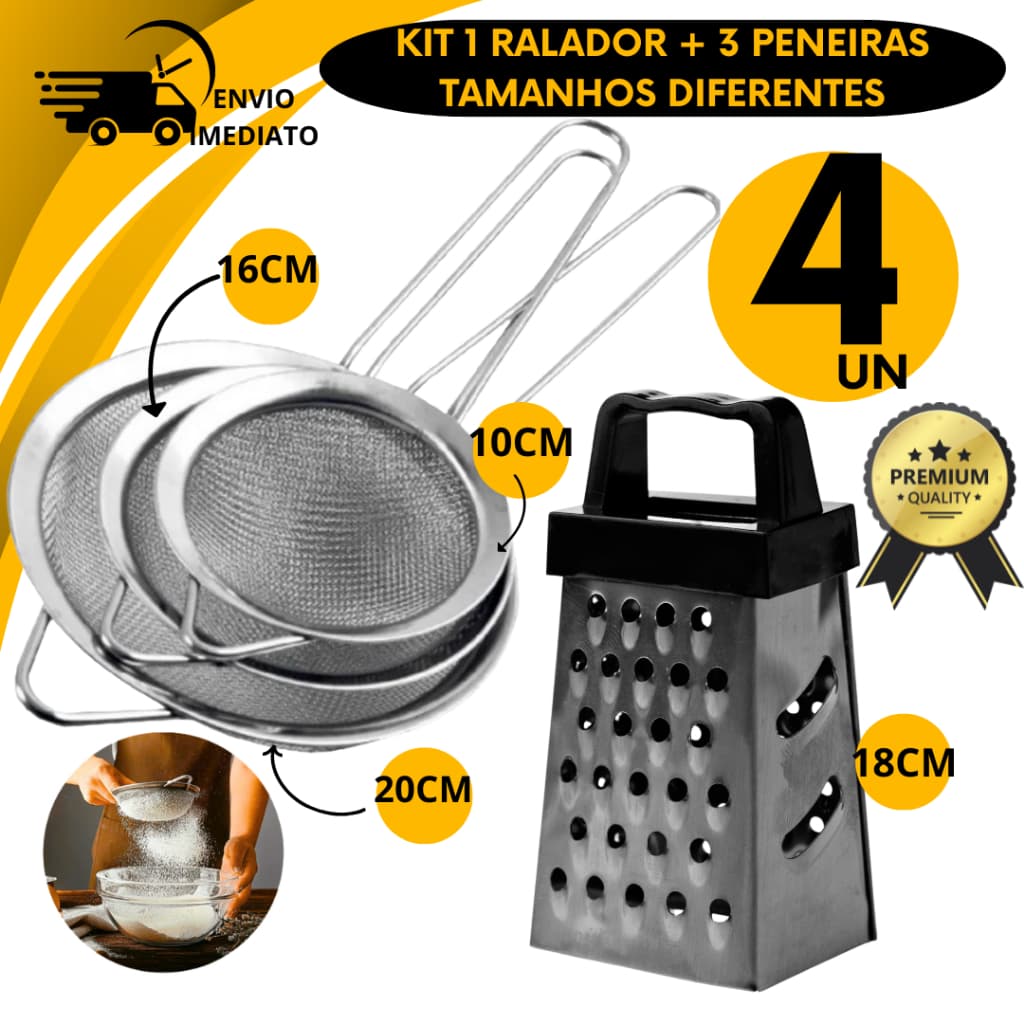 Kit Ralador 4 Faces 3 Peneiras Coador 10 16 20 CM Em Aço Inox Para Cozinha Coa Sucos Polpa