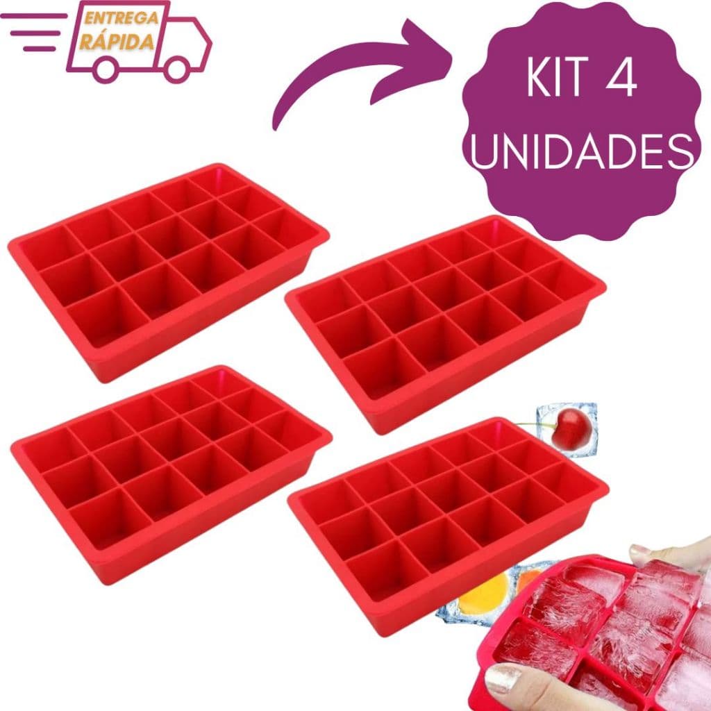 Kit 4 Formas De Gelo De Silicone Com 15 Cubos Cada Para Bebidas Drinks