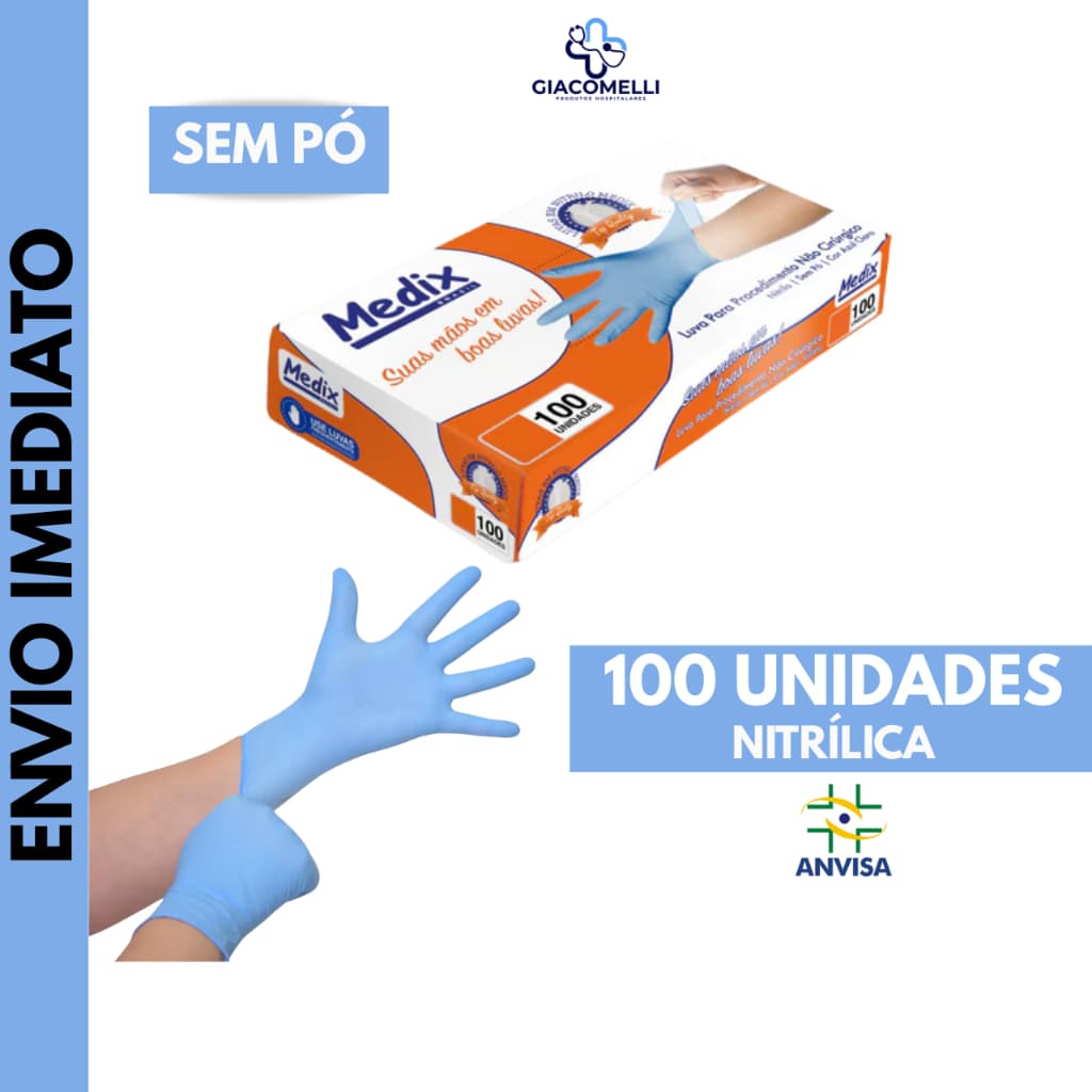 Luva Nitrílica Azul Descartável Sem Pó Caixa Com 100 unidades - Medix