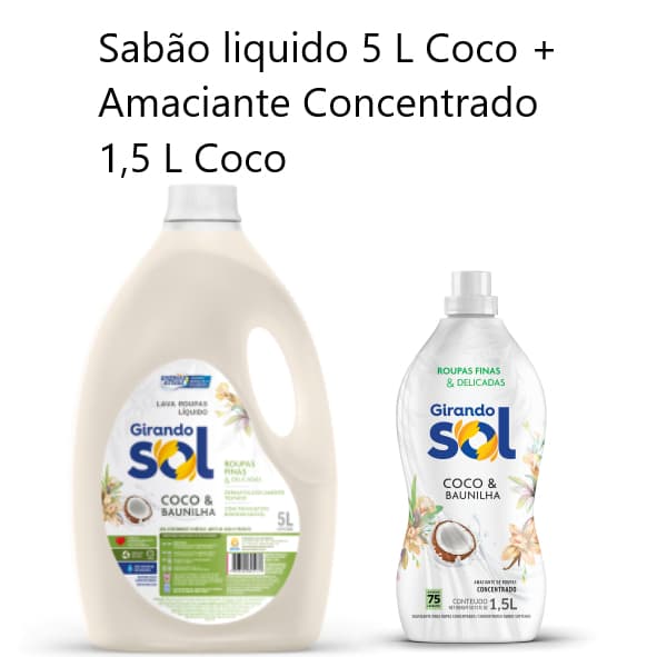 Sabão liquido lava roupas 5L Coco e Amaciante Concentrado 1,5 L Coco Girando Sol