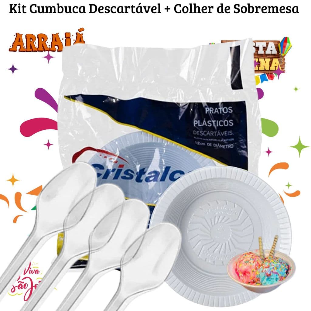 KIT FESTA 100 CUMBUCAS  15CM BRANCAS DESCARTAVEIS + 100 COLHER CRISTAL DESCARTAVEIS PARA CANJICA, MILHO, SORVETES ETC