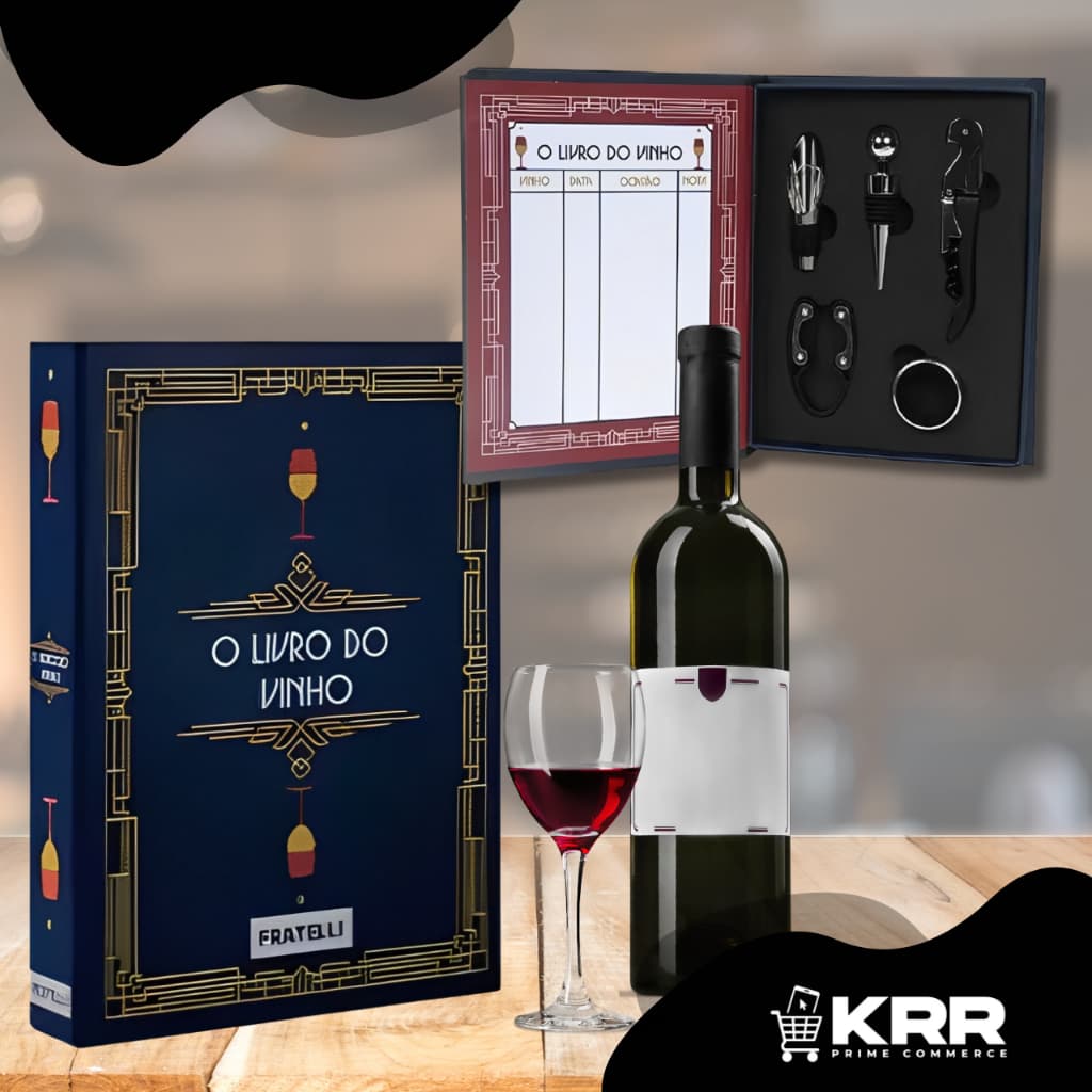 Kit Sommelier 5 Peças Luxo Livro do Vinho Formato Caixa – Saca Rolhas Tampa Cortador Inox e Dosador