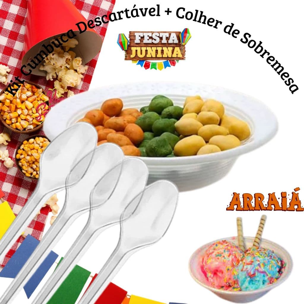 100 CUMBUCAS BRANCAS DESCARTAVEIS + 100 COLHER SOBREMESA CRISTAL MAXPLASTIC, PARA CANJICA, MILHO, SORVETES ETC
