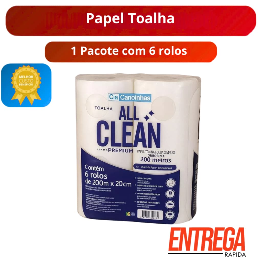 Papel Toalha Bobina All Clean 6 Rolos 200m Branco Alta Absorção Rendimento Uso Comercial Institucional Industrial