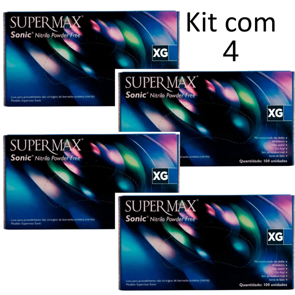 Kit 4 Caixas Luvas Descartavéis Nitrílica Supermax Azul Sonic S/ Pó 400un Procedimentos Cozinha Limp