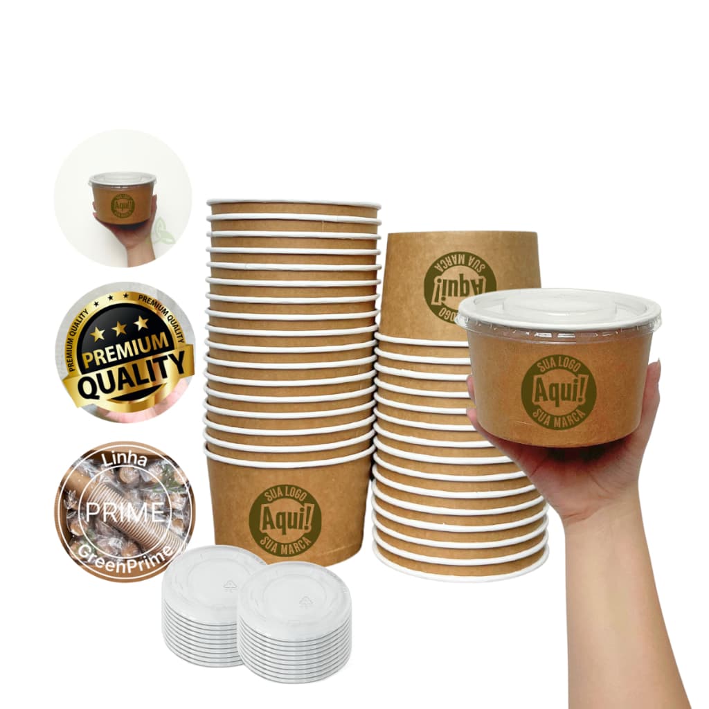 Pote de Papel Kraft 550ml Personalizado com Sua Logo + Tampas -  Caldos, Saladas, Massas – Delivery - 120un