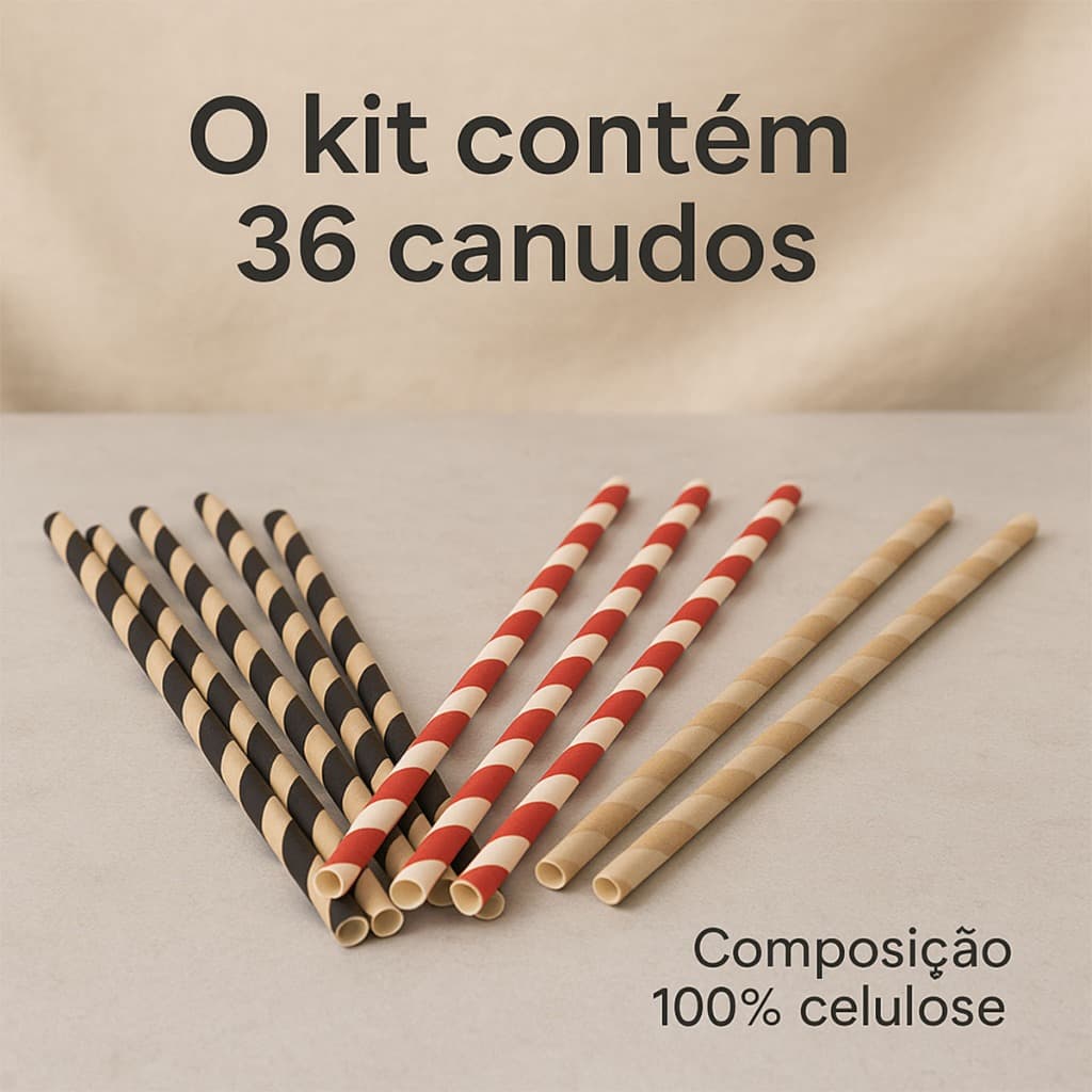 Kit 36 Canudos Papel Listrado Kraft Branco Preto Vermelho Silver Festas