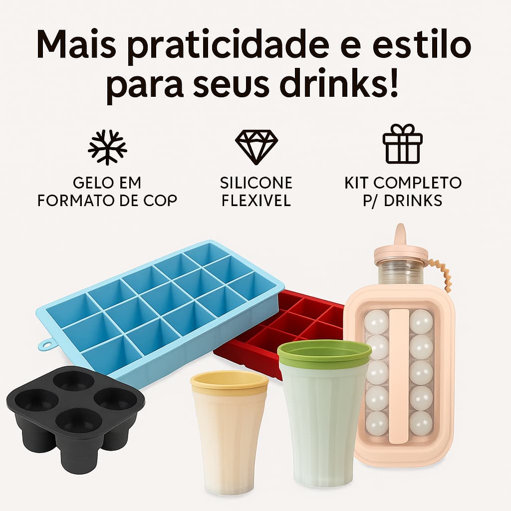 Kit Completo Formas Gelo Silicone Ice Shot Copo, Esferas Rosé, 15 Cubos e Smoothie Multiuso Sortido