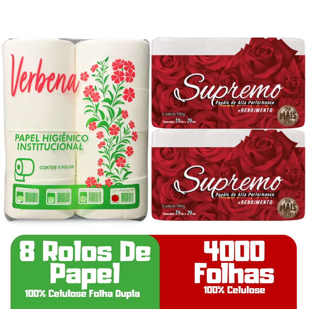 Kit Papel Toalha Interfolha 4000Fls + Papel Higienico Folha Dupla Verbena: 8 Rolos Premium