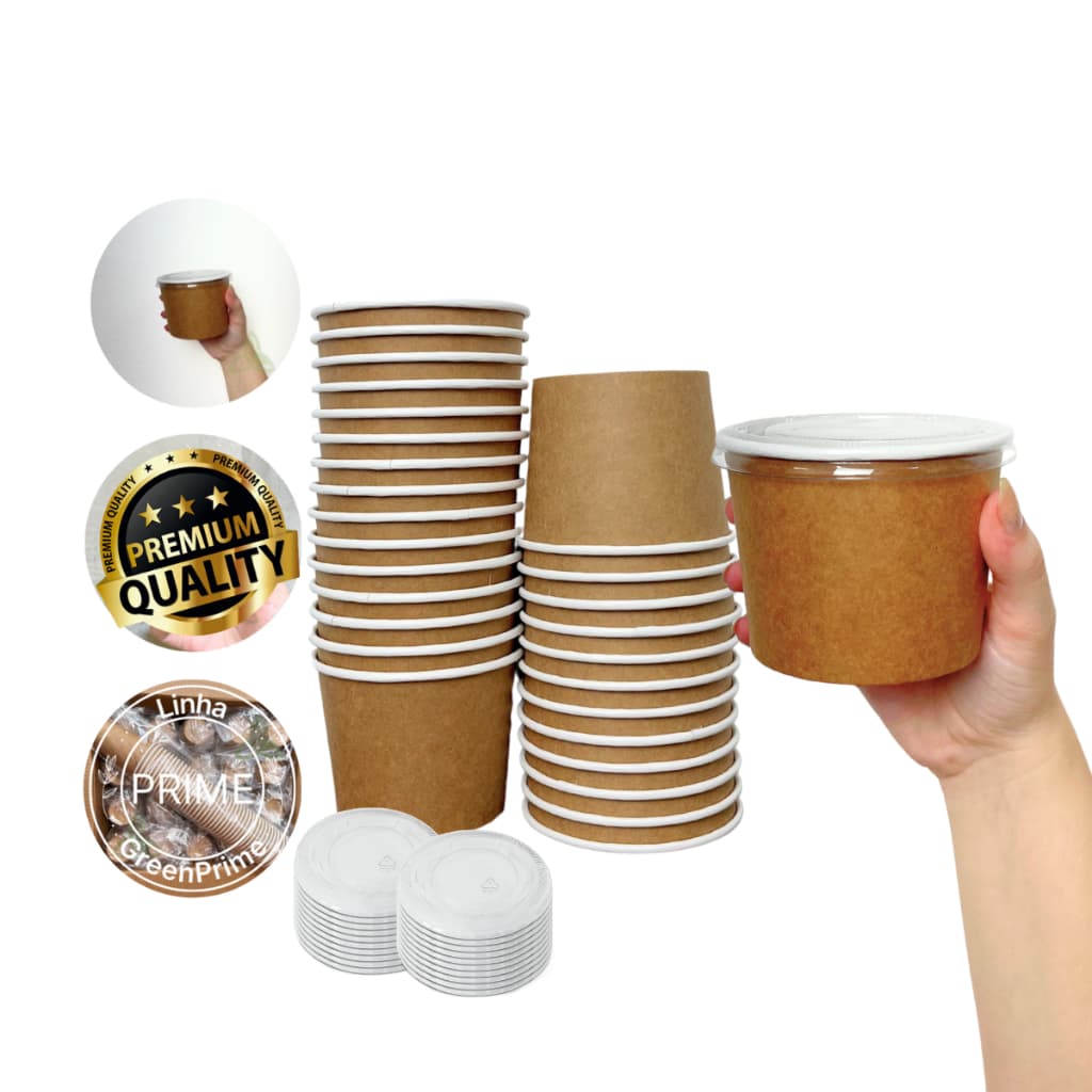 Pote Papel Kraft biodegradável descartável 350ml C/ tampa Caldos Açaí 40un