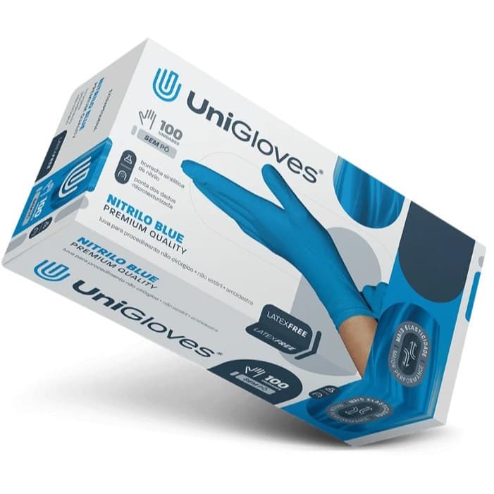 UNIGLOVES - CAIXA Com 100 Luvas Procedimento Nitrilica Azul Blue Sem Pó - Tam M - Premium - Anvisa