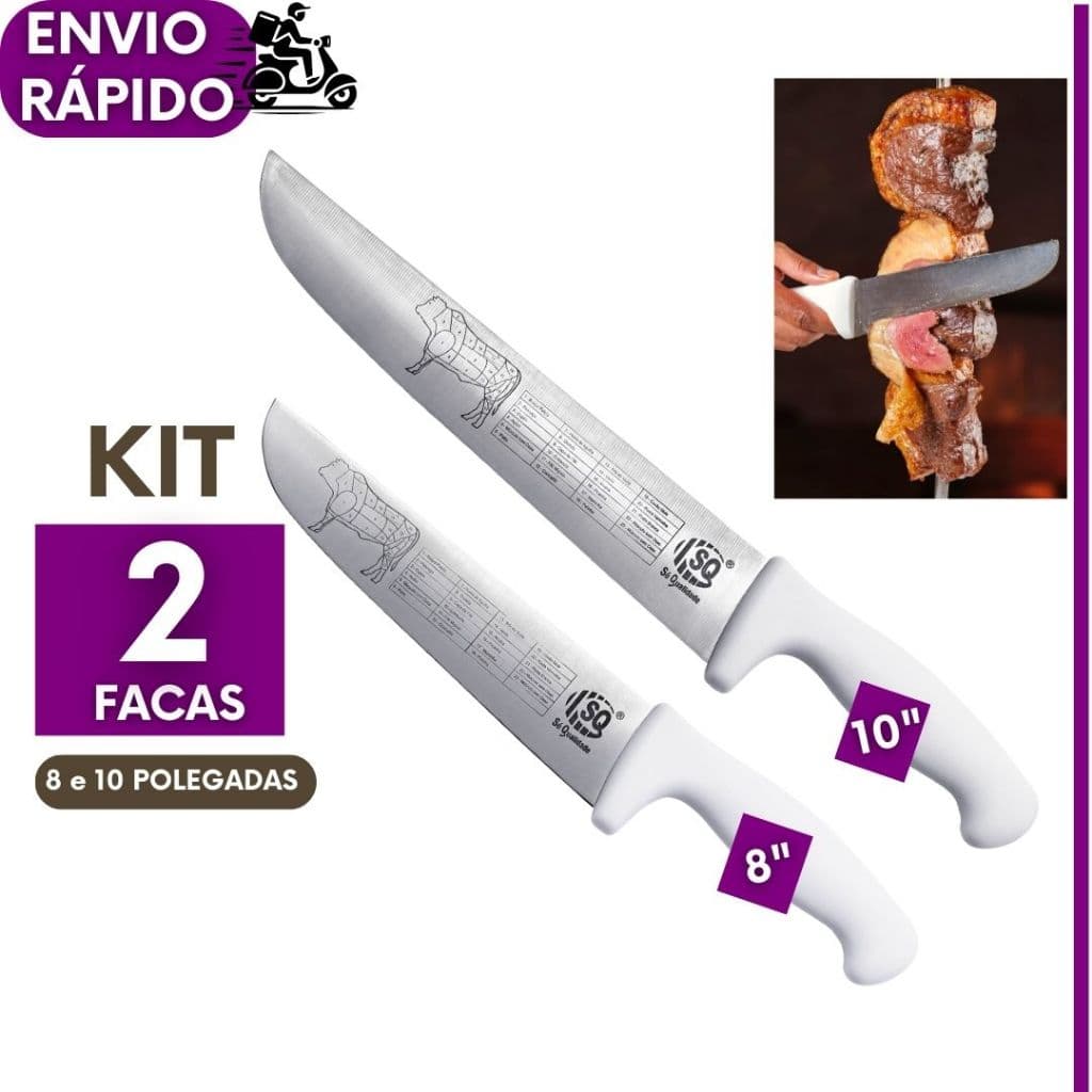 Faca Profissional de 10" e 8" Inox Cozinha Carne Churrasco Chef Cabo Branco