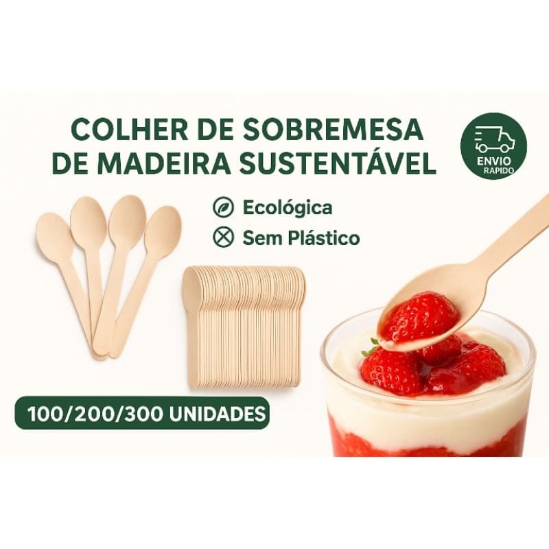 Colher Sobremesa de Madeira kit 50/100/200 uni Sustentável, Biodegradável, Sem Plástico – 10,5cm colherzinha de madeira