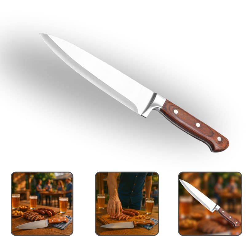 Faca Churrasco Profissional Chef Inox Cabo De Madeira 8 Polegadas 3mm