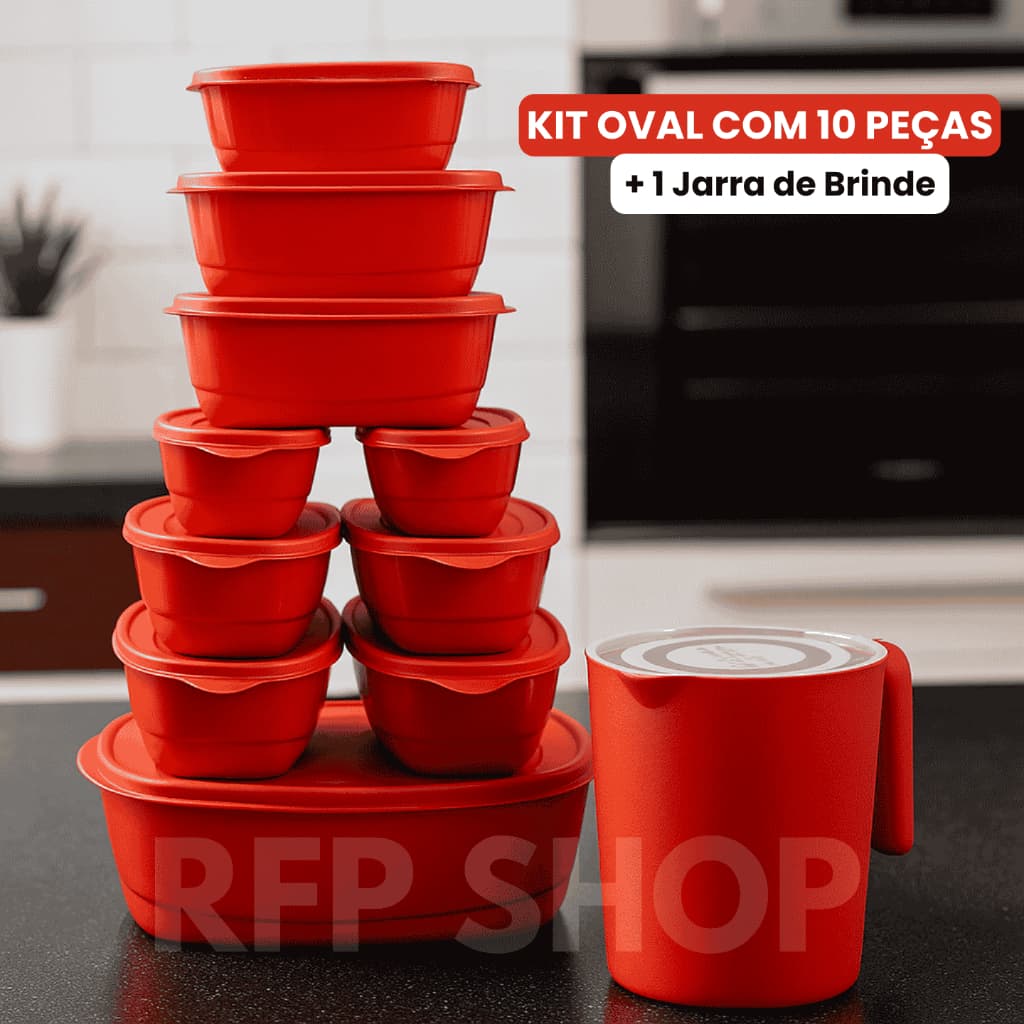 Kit Potes Organizadores de Cozinha Oval 10 Peças + Jarra de Suco Hermético Mantimentos