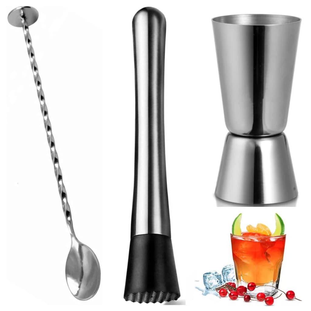 Kit Dosador Medidor De Bebidas Duplo / Colher Bailarina Com Mini Garfo 30 Cm e Socador Amassador de Caipirinha Inox Para Gin Tônica Barman