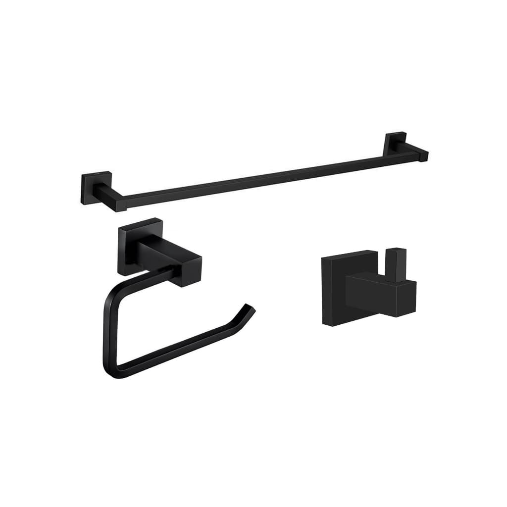 Porta Toalha Banho Preto Fosco Metal + Porta Papel Higiênico Rolo Black + Cabide Metal Fosco Suporte