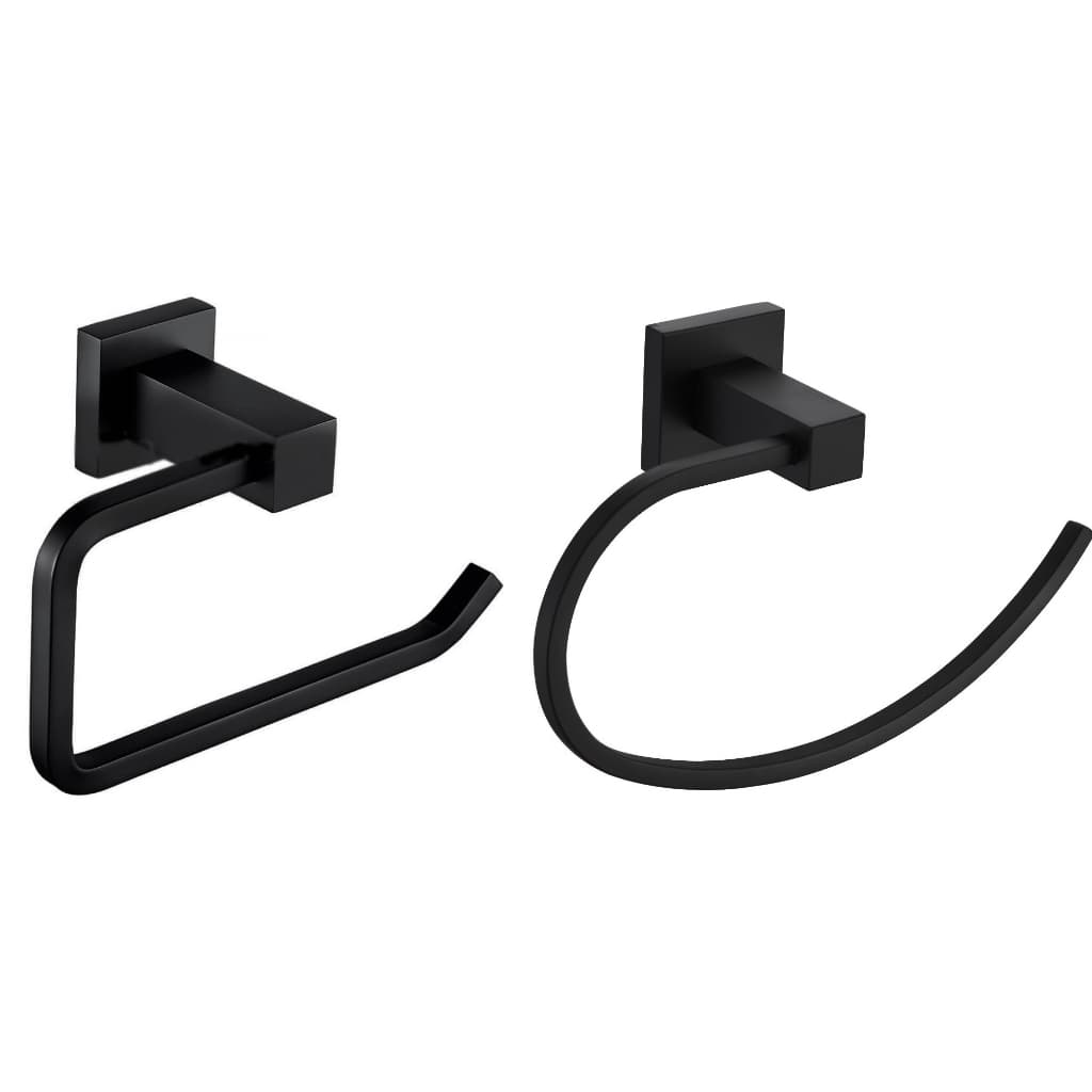 Porta Toalha de Rosto Metal Argola Black + Porta Papel Higiênico Black Metal Rolo Papeleira
