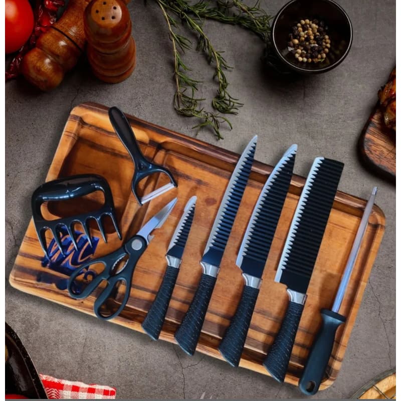 Kit Facas Profissional Cozinha Inox 8 Peças com Chaira Tesoura Descascador Churrasco