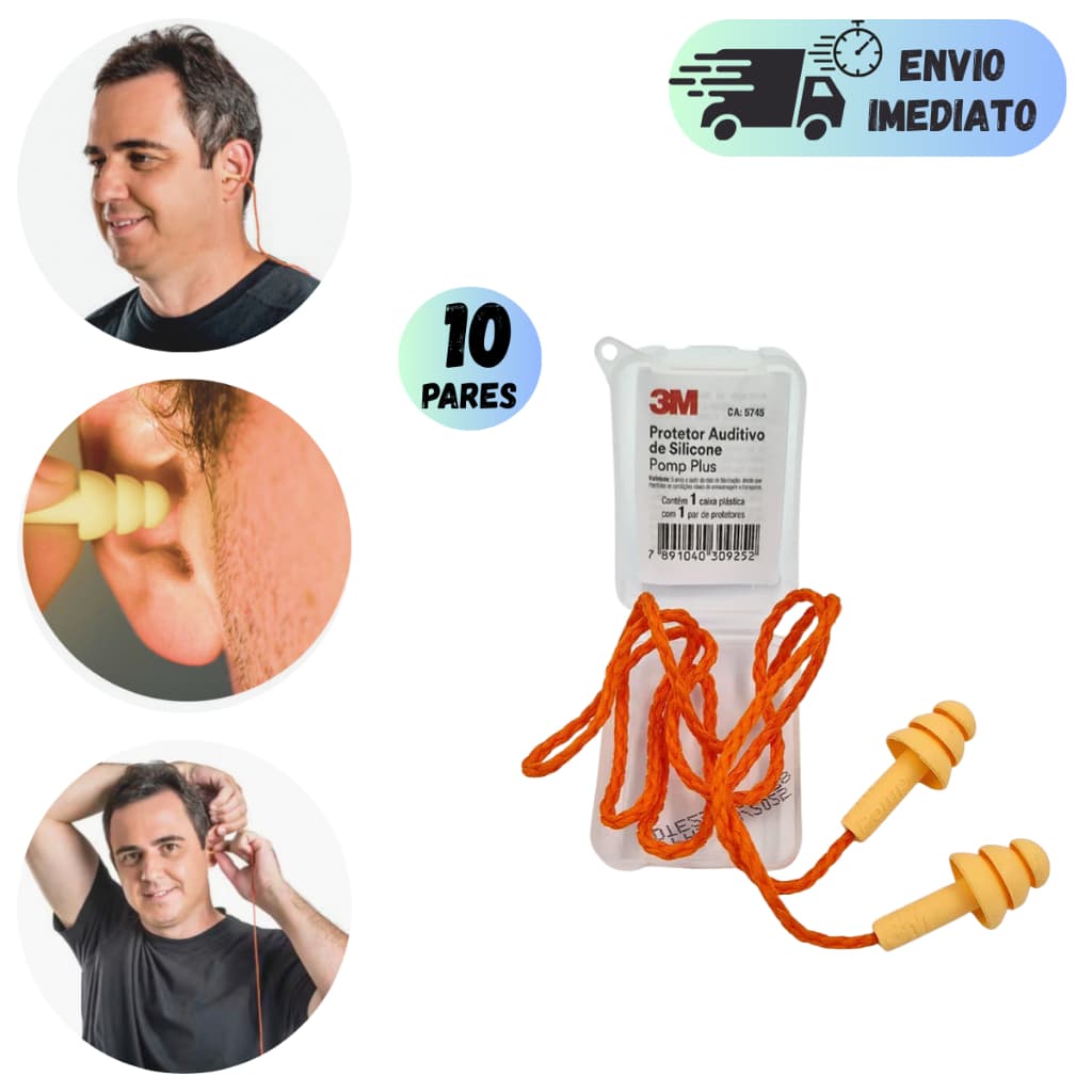 KIT 10 PROTETOR AURICULAR 3M POMP PLUS 18db SILICONE COM CORDÃO LARANJA ABAFADOR DE RUIDOS COM CA
