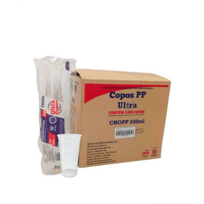 Caixa 200 Copo Descartável 330ml Transparente Liso Chopp