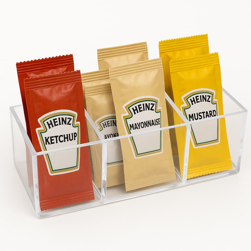 Caixa Porta Ketchup maionese mostarda Organizador de Sachês Com 3 Divisorias em Acrílico