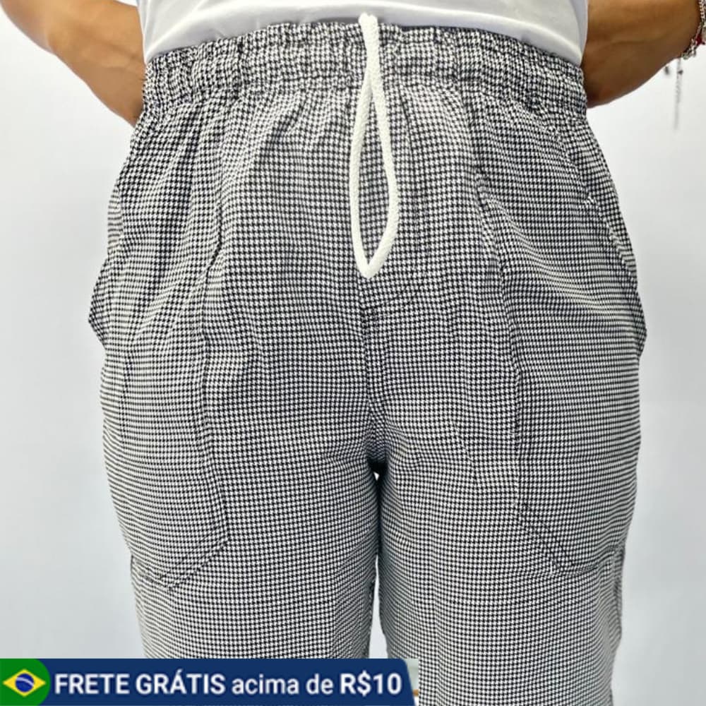 Calça Xadrez Cozinheiro Pied Pule Chef Unissex com Elástico e Cordão Bolsos Frontais e Traseiro
