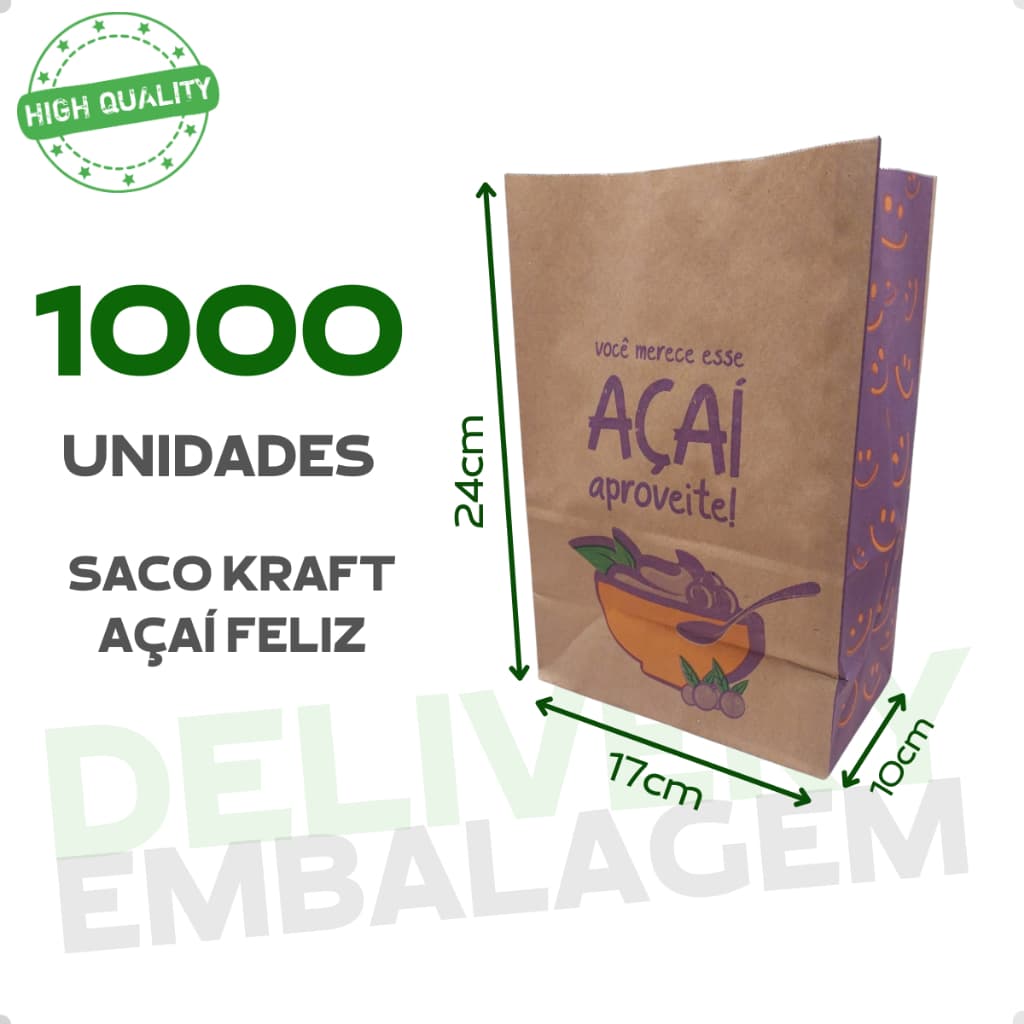 1000 Saco Kraft 17x10x24 Delivery Açaí Feliz Embalagem para Entregas e Lanches