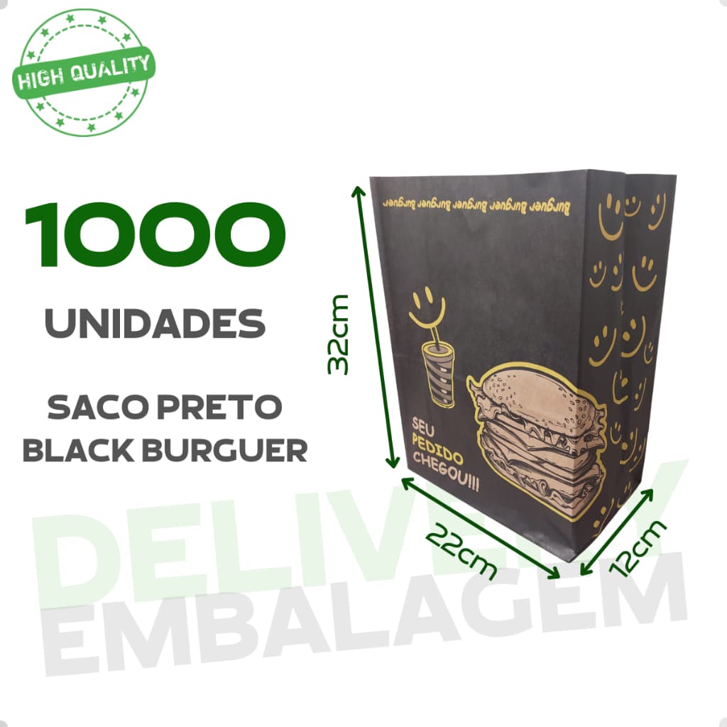 1000 Sacos Kraft 22x12x32 Delivery Embalagem Black Burguer Amarelo Seu Pedido Chegou