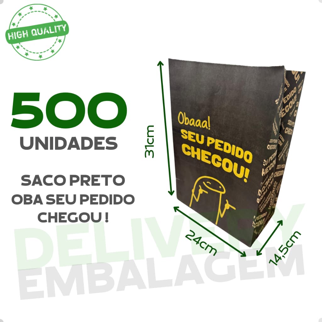 500 Saco Kraft 24x14,5x31 Delivery Oba Seu Pedido Chegou Embalagem Lanche Fast Food