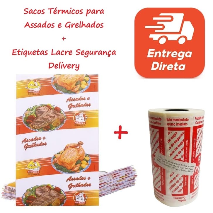 Kit 50 Sacos Térmicos sem Visor para Assados e Grelhados + 1 Rolo Etiquetas Lacre Segurança Delivery