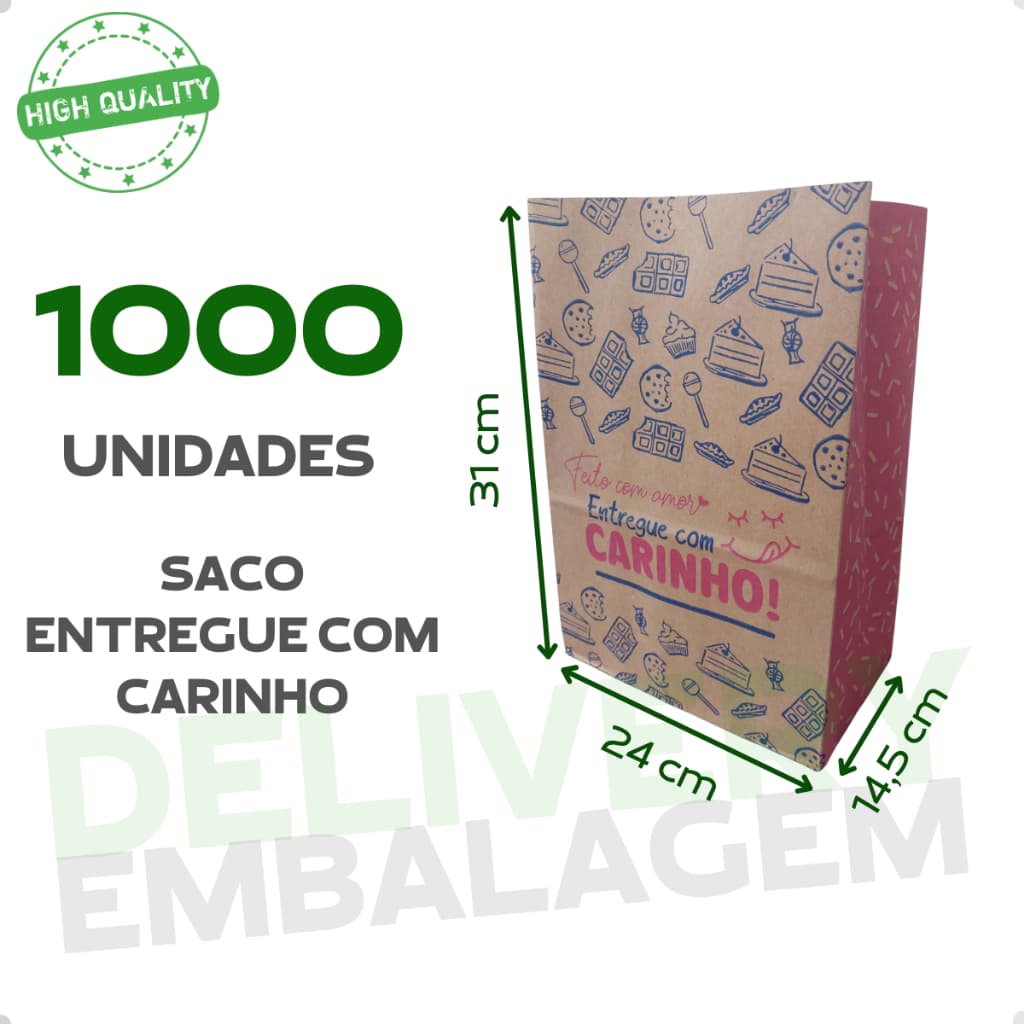 1000 Saco Kraft 24x14,5x31 Delivery Entregue com Carinho Embalagem Lanche Fast Food