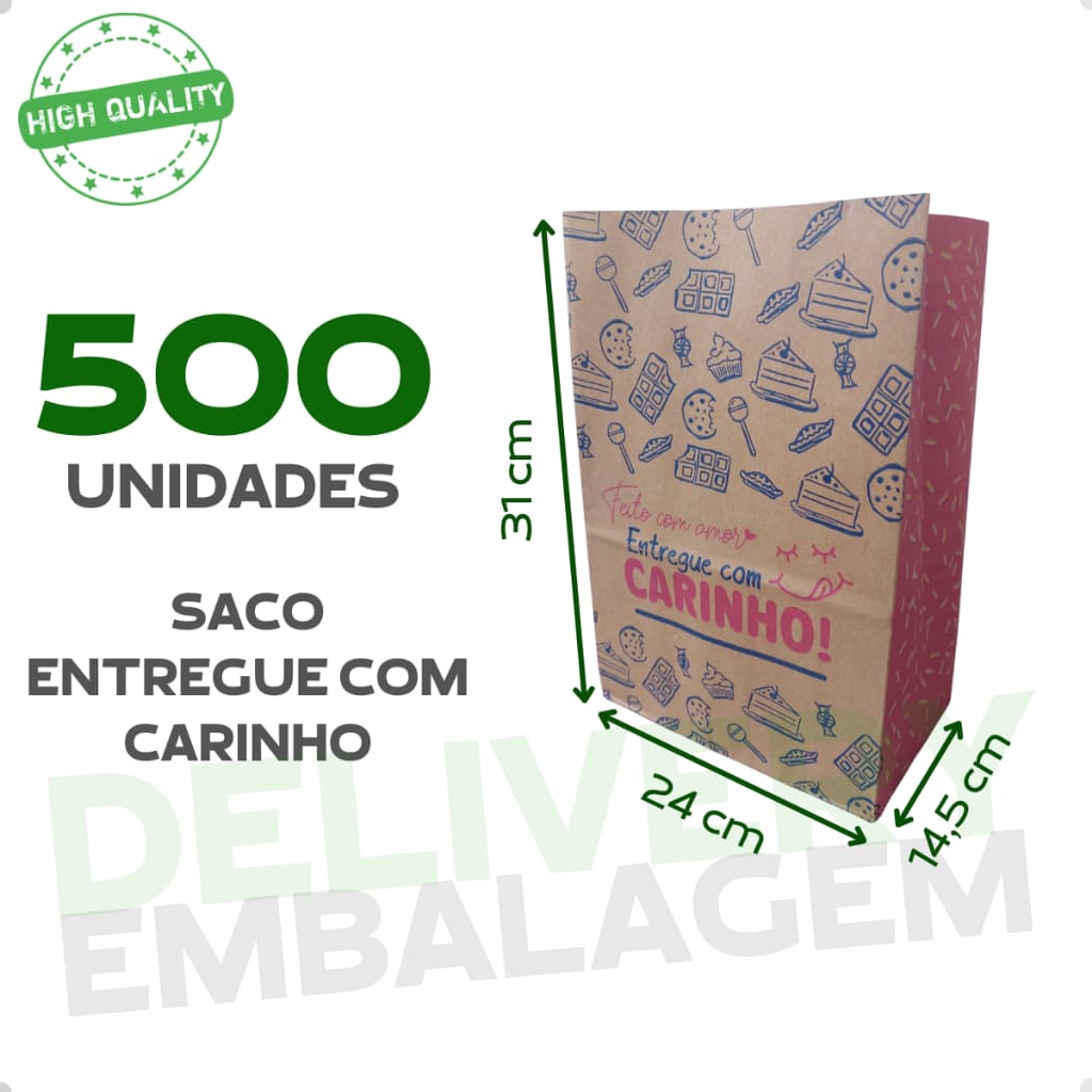 500 Saco Kraft 24x14,5x31 Delivery Entregue com Carinho Embalagem Lanche Fast Food