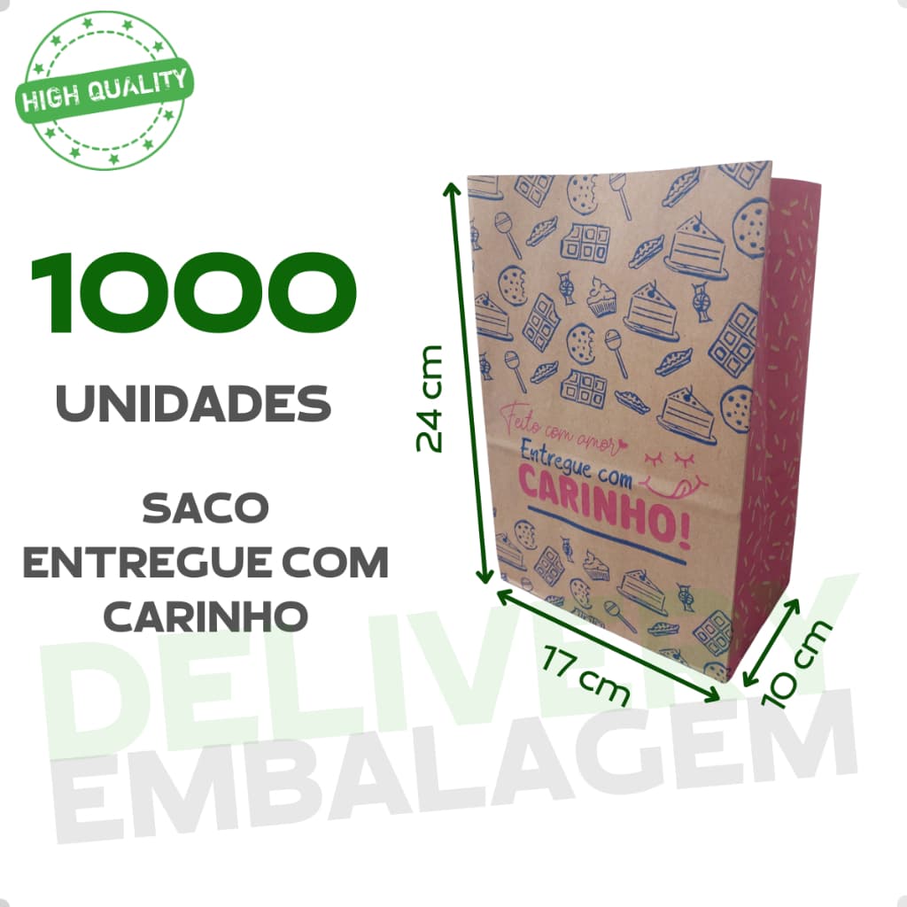 1000 Saco Kraft 17x10x24 Delivery Entregue com Carinho Embalagem para Lanches e Entregas