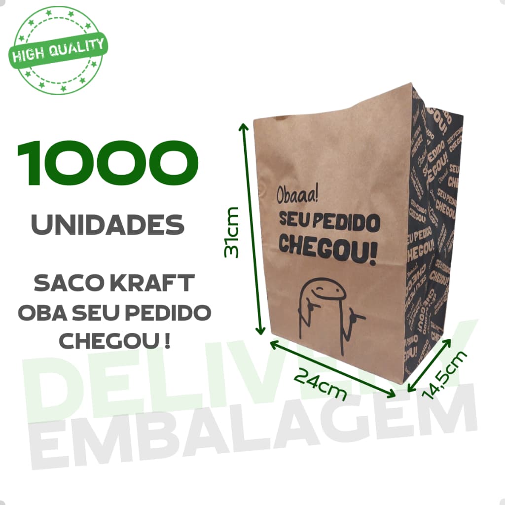 1000 Saco Kraft 24x14,5x31 Delivery Oba Seu Pedido Chegou Embalagem Lanche Fast Food