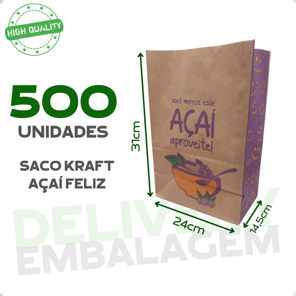 500 Saco Kraft 24x14,5x31 Delivery Açaí Feliz Embalagem Lanche Fast Food