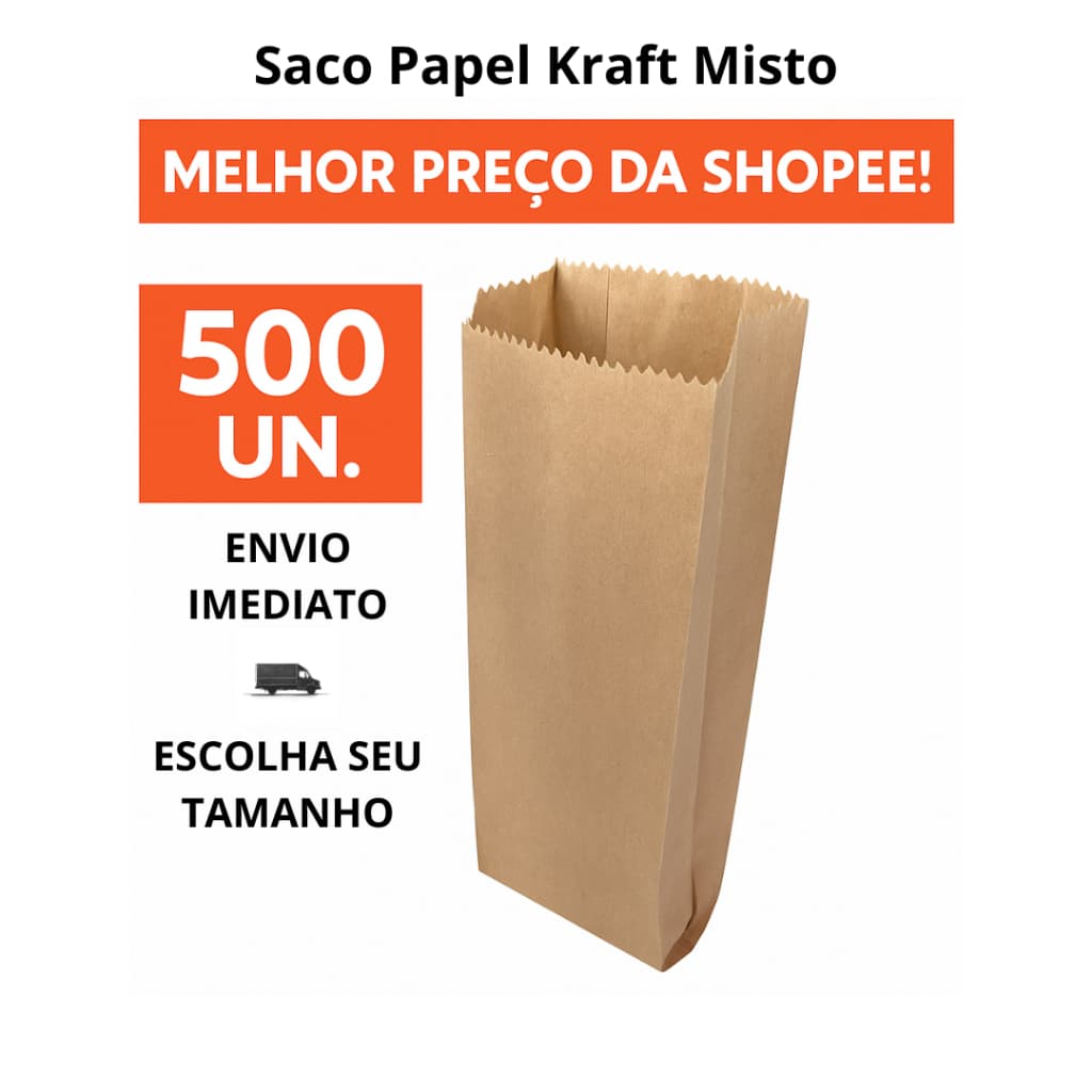 Saco de Papel Kraft Mix 500 un - 1/2kg, 1kg, 2kg, 3kg, 5kg, 7,5kg - Padaria, Delivery, Lanches