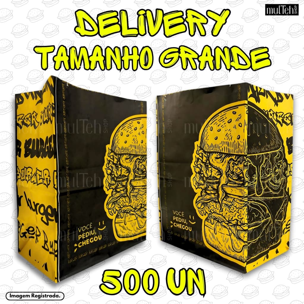 500 Saco Para Delivery Kraft SOS Grande 31x24x15.5 Preto Amarelo