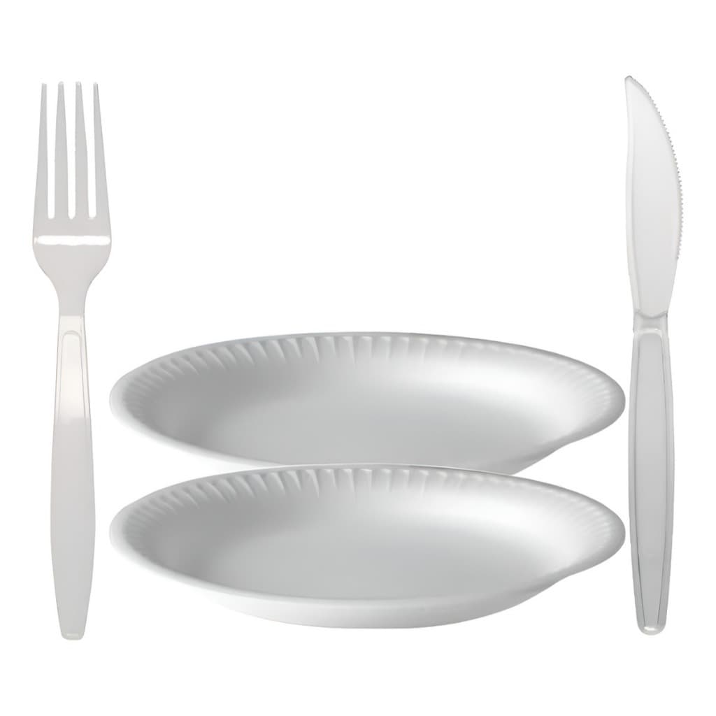 Prato Descartável Refeição Isopor Resistente Reforçado Churrasco Festa 23cm Garfos Facas 100 unidade