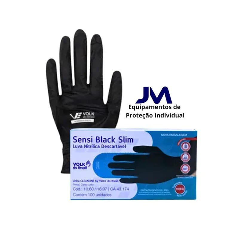 Luva Nitrilica Preta Sensi Black Volk Slim Descartável Cozinha Mecânica Tato Ca 43174