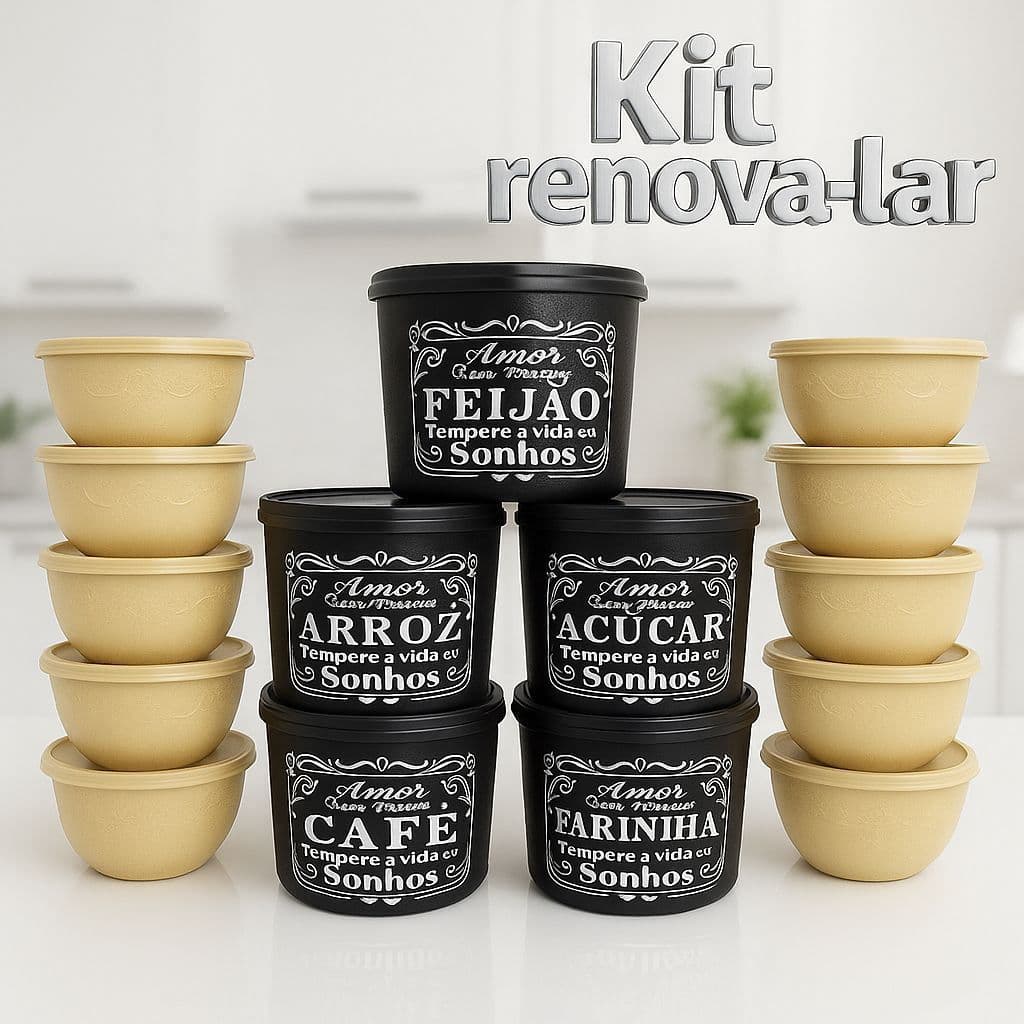 Kit Renova Lar 10 Peças – Potes de Mantimentos 2 L + Bowls 600 ml Herméticos Pretos Personalizado Textura