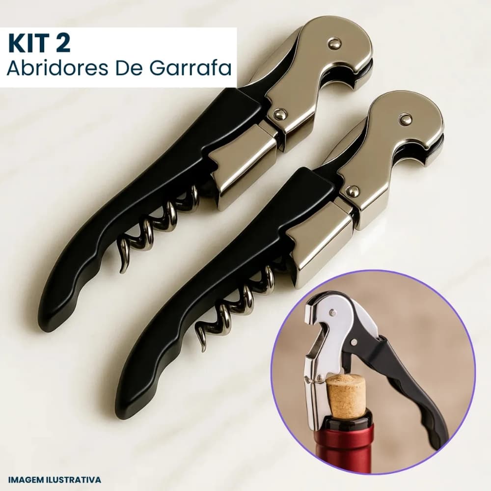 Kits 1 Ou 2 Abridor de Garrafas Vinho Saca Rolhas 2 Estágios Inox Resistente Reforçado Preto Profissional Sommelier