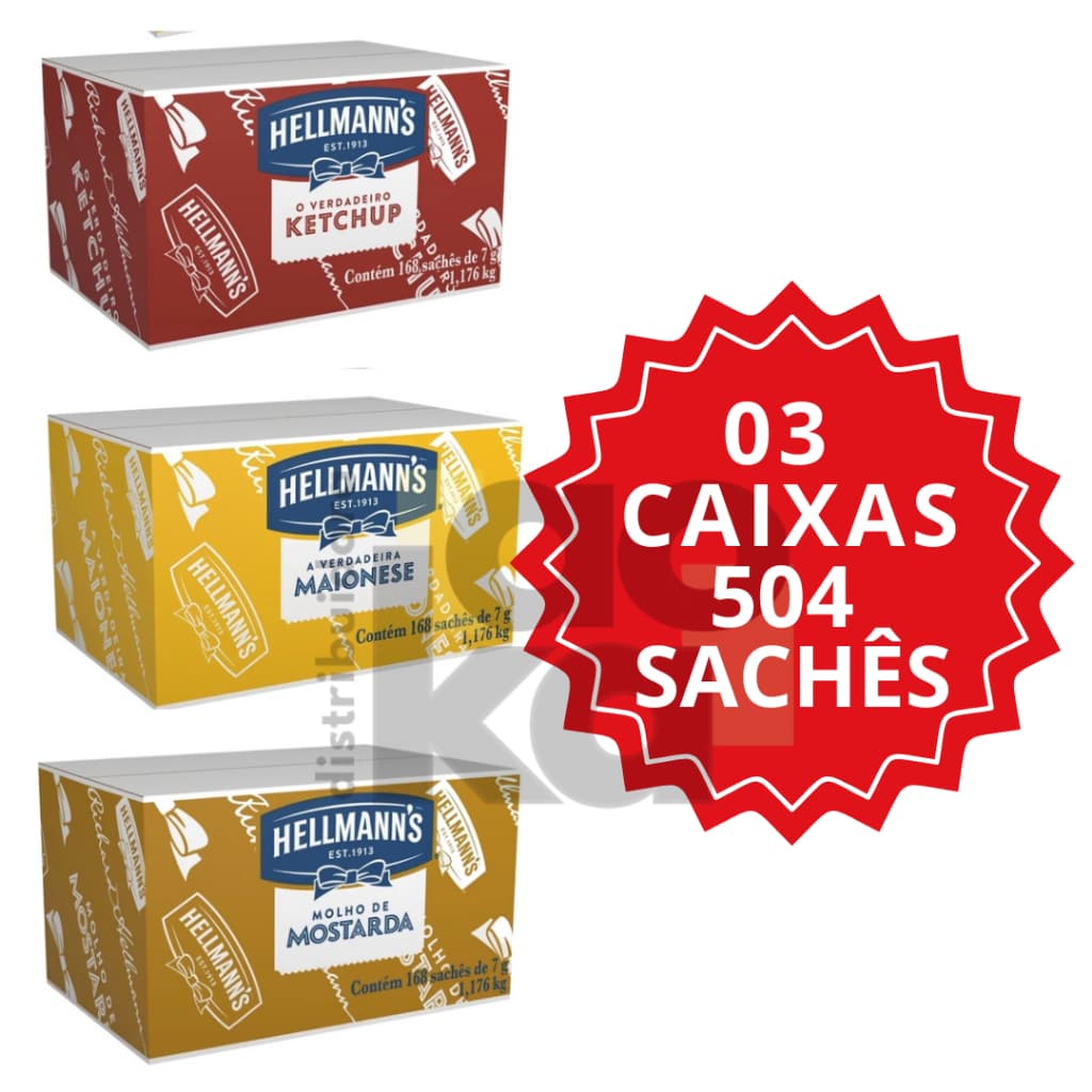 Maionese Ketchup e Mostarda Hellmanns 3 Caixas 504 Sachês 7gr