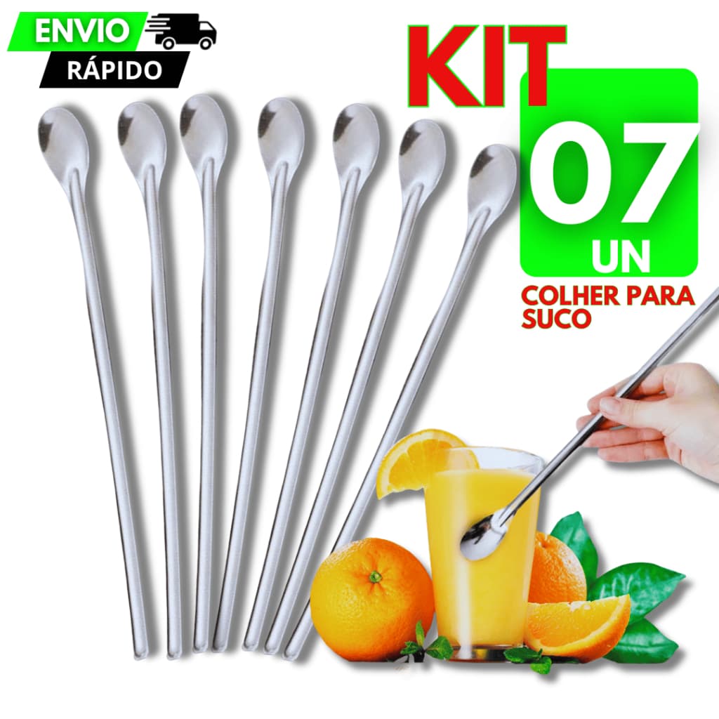 Kit 7 Colher Bailarina Aço Inox 30 cm para Sucos Drinks Bebidas Coquetel Longa para Jarra