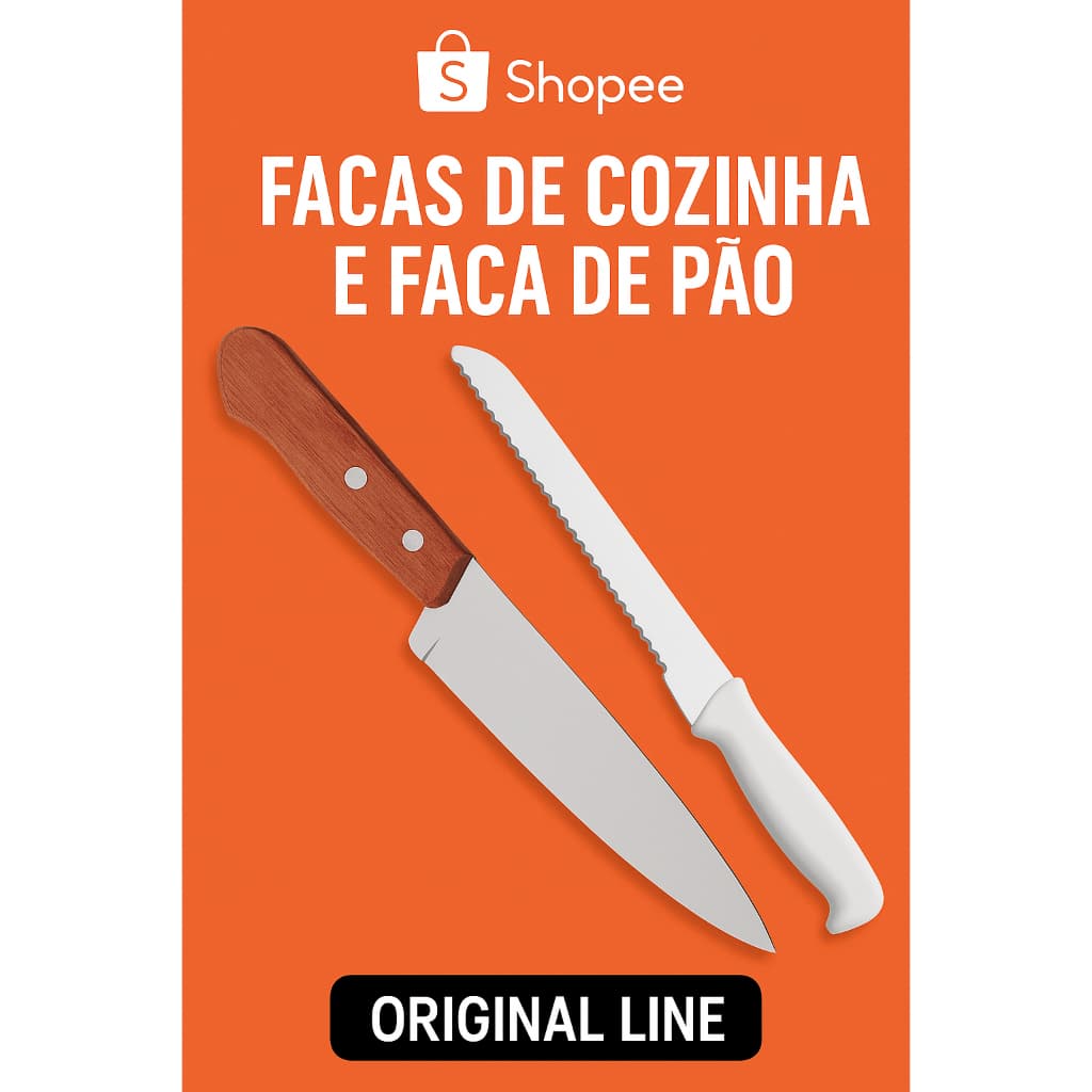 KIT 2 Facas 8 " Original Line - Faca Chef Cozinha Geral e Faca Pão Serrilhada Profissional Inox