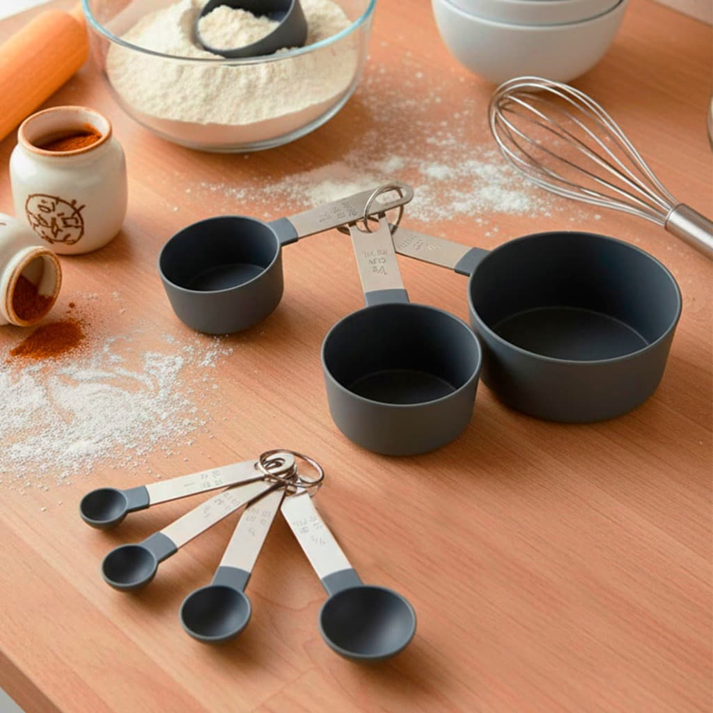 Kit Conjunto Colher Xicaras Medidoras Com 8 Peças Inox Prático Colher Medidora Cozinha Alimentos